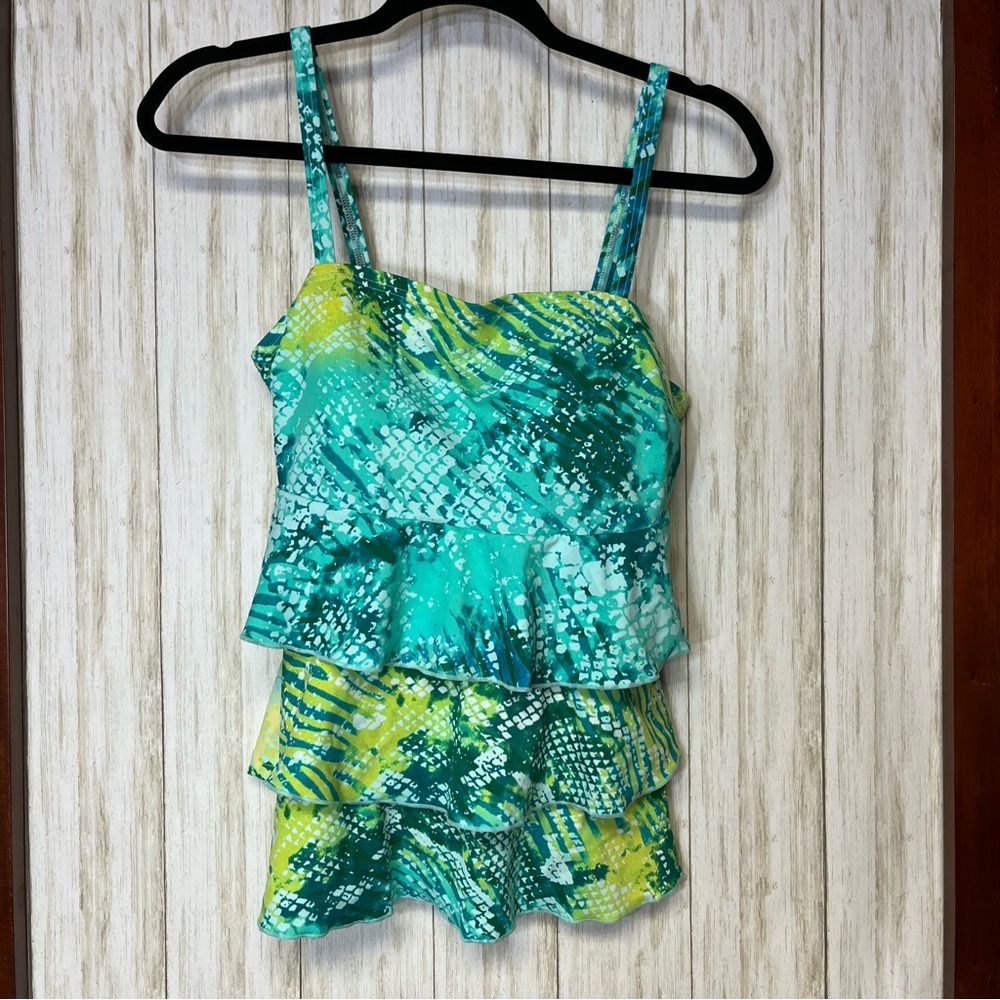 Cacique Green/Mint/Yellow Abstract Swim Top with Ruffles Size 14 NWT
